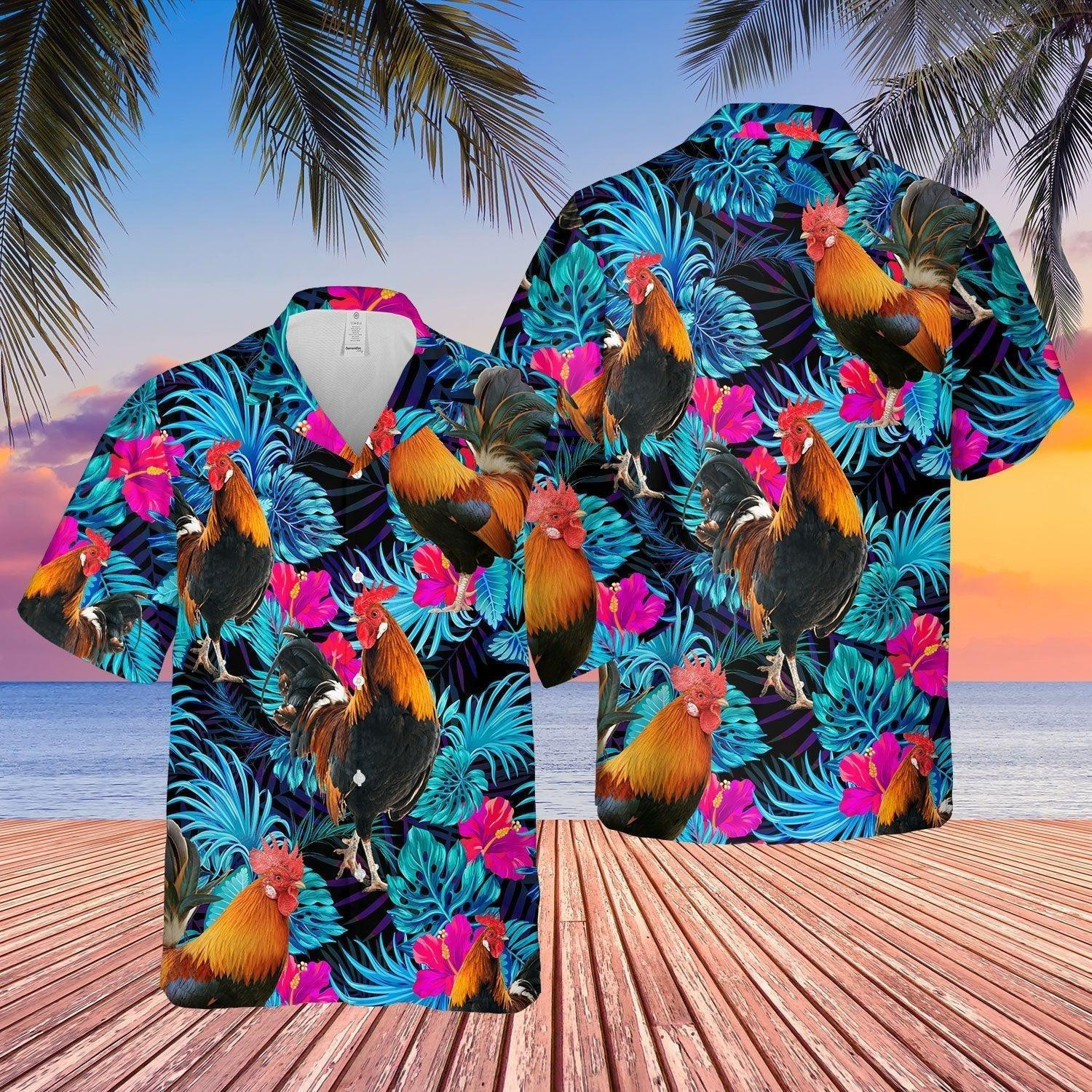 Rooster Blue Neon Tropical Hawaiian Shirt
