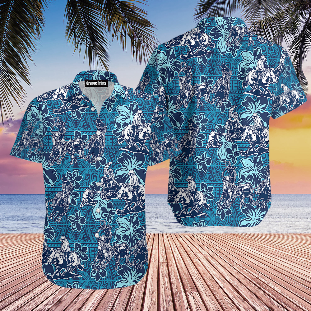 Roping Cowboy Blue Tribal Pattern Hawaiian Shirt
