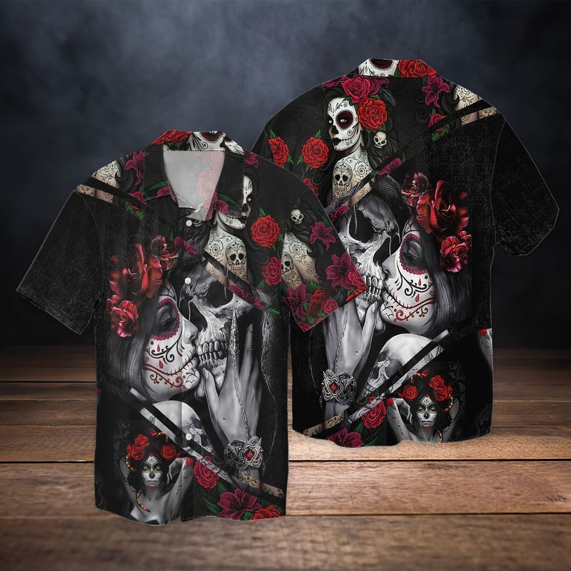 Roses Skull Romance Couple Hawaiian Shirt