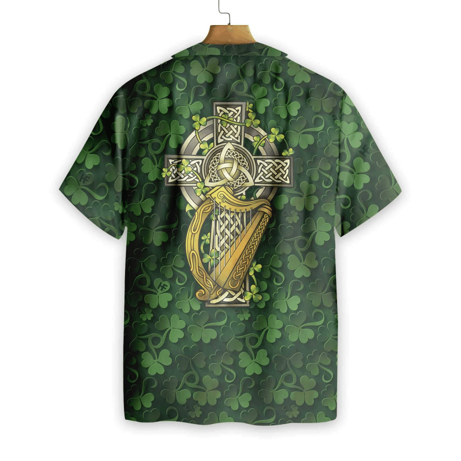 Saint Patrick's Day Shamrock Celtic Cross Harp Irish Hawaiian Shirt