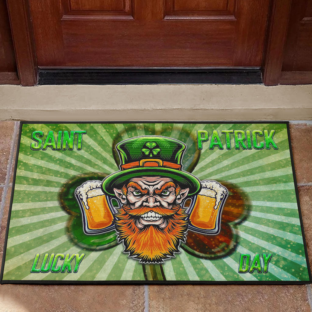 Saint Patrick's Leprechauns Beers Shamrock Spiral Green White Rubber Doormat Home Decor