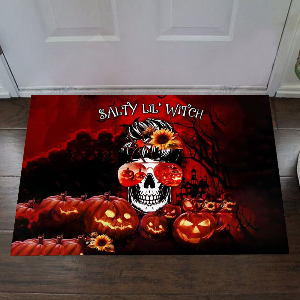 Salty Lil Witch Halloween Rubber Doormat Messy Bun Woman Horror Door Mat Halloween Gift Ideas