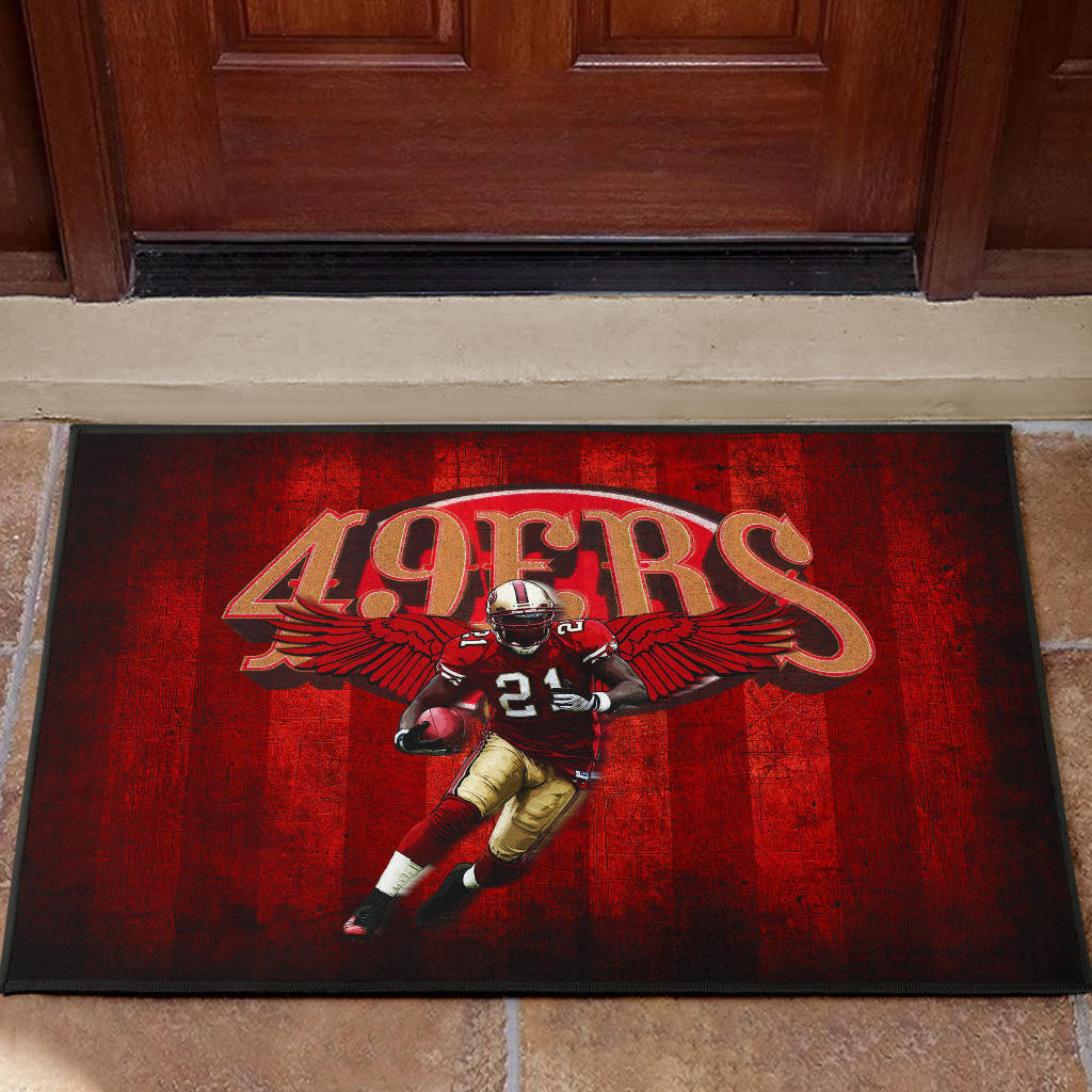 San Francisco American Football 49ers Football Player 21 With Wings Holding Rugby Ball Rubber Doormat Home Decor