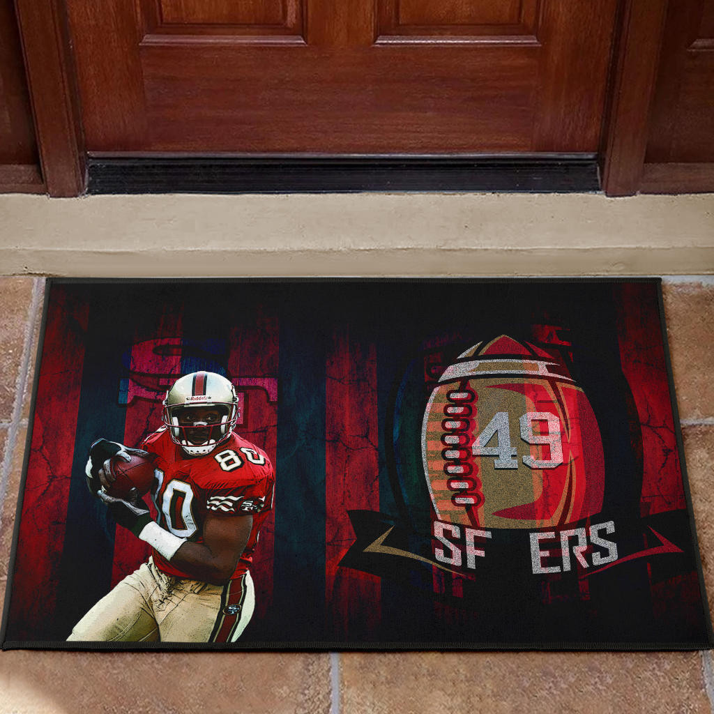 San Francisco American Football 49ers Football Rubber Doormat Player 80 Holding Ball Black And Red SF Ers Rubber Doormat Home Decor