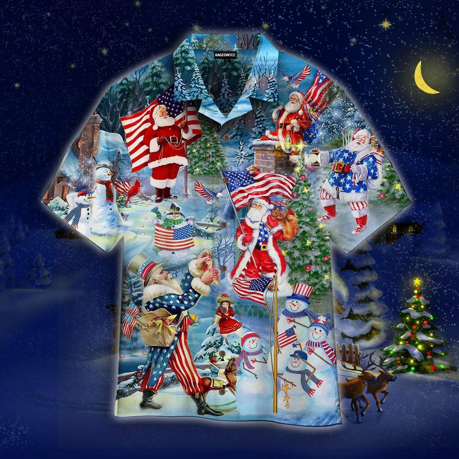 Santa Claus With American Flag On Christmas Day Hawaiian Shirt
