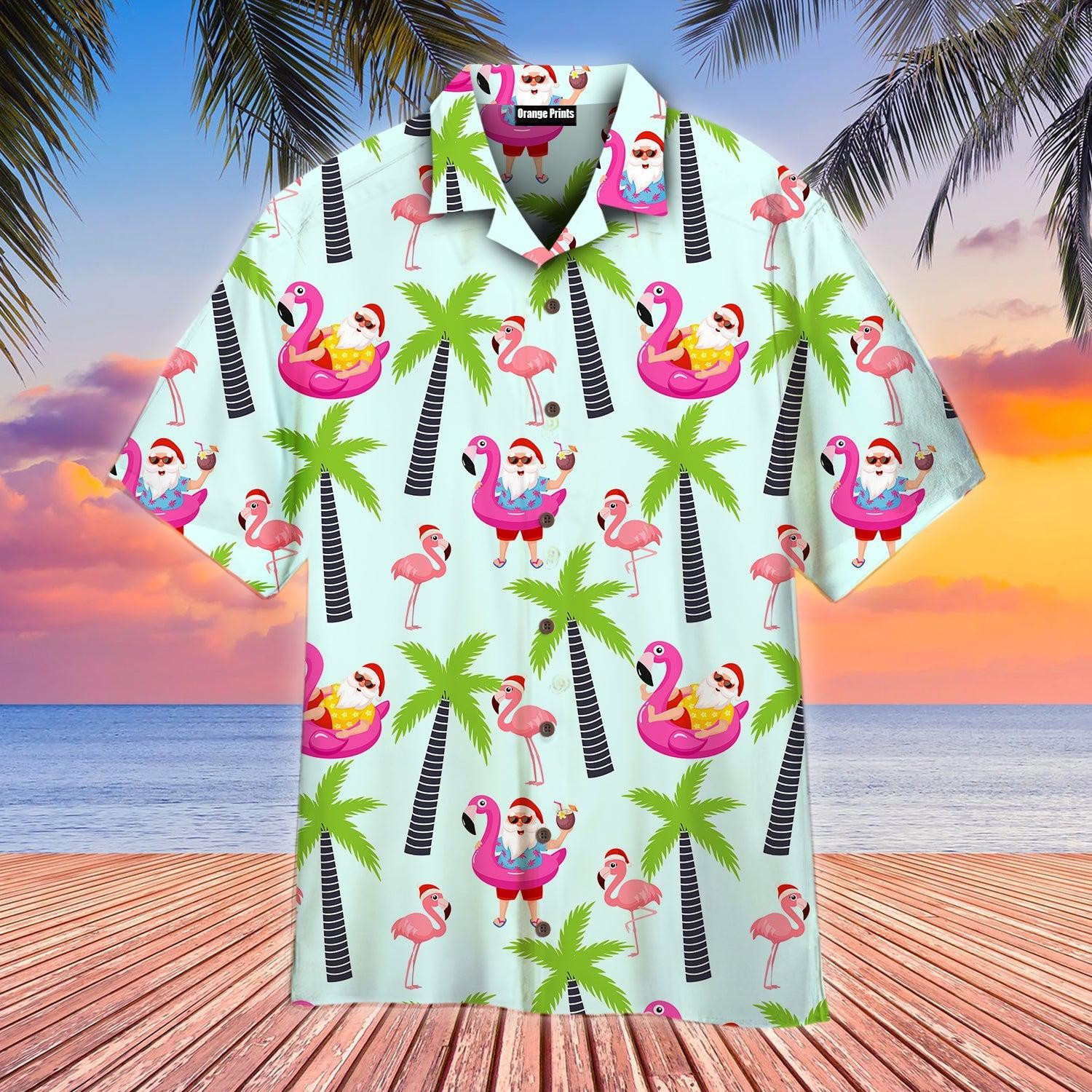 Santa Claus With Flamingo Christmas In July Hawaiian Shirt