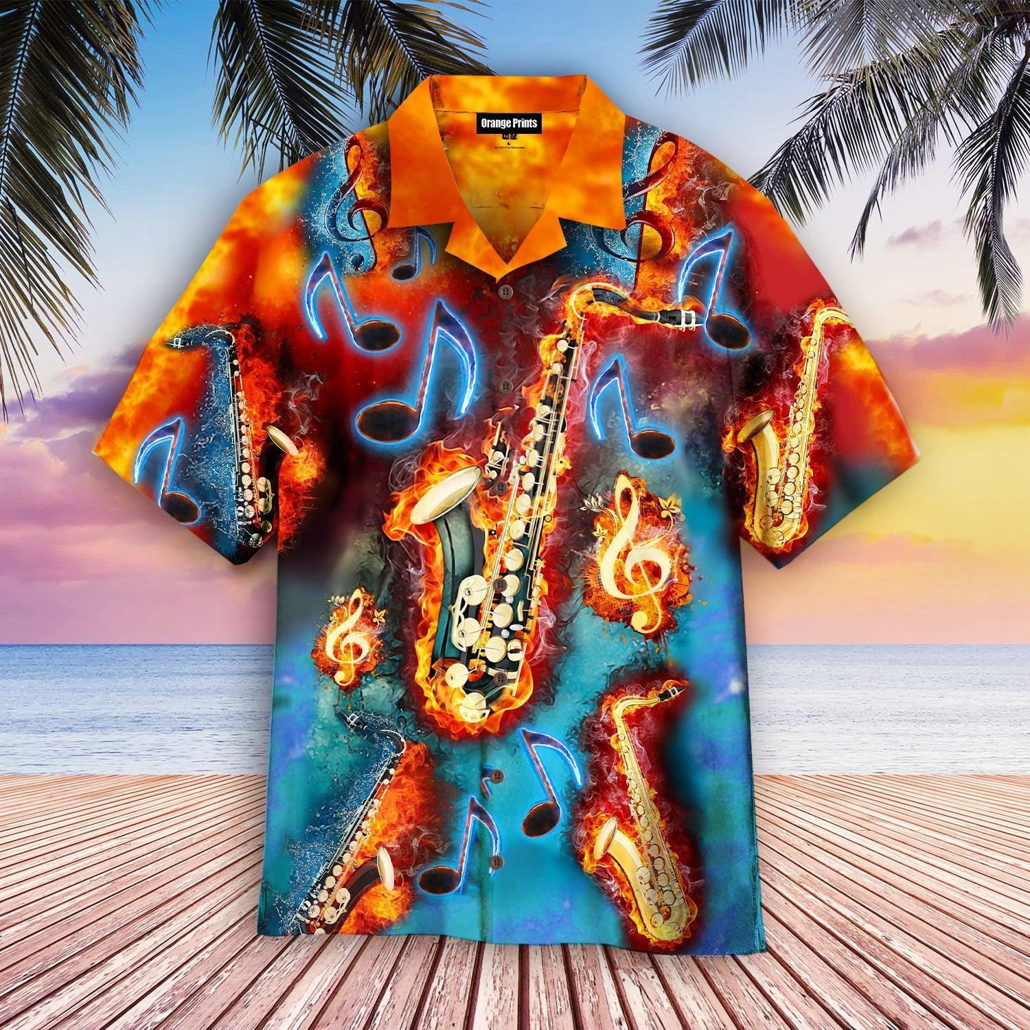 Saxophone Fire Flame Hawaiian Shirt