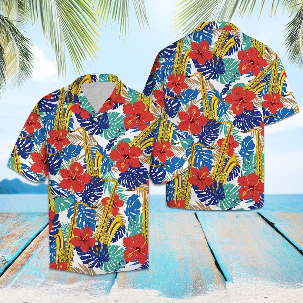 Saxophone Tropical Plants Hawaiian Shirt