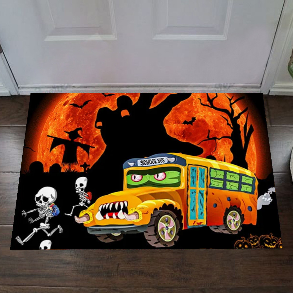 School Bus And Skeletons Happy Halloween Rubber Doormat 2022 Halloween Bus Drivers Gift Ideas