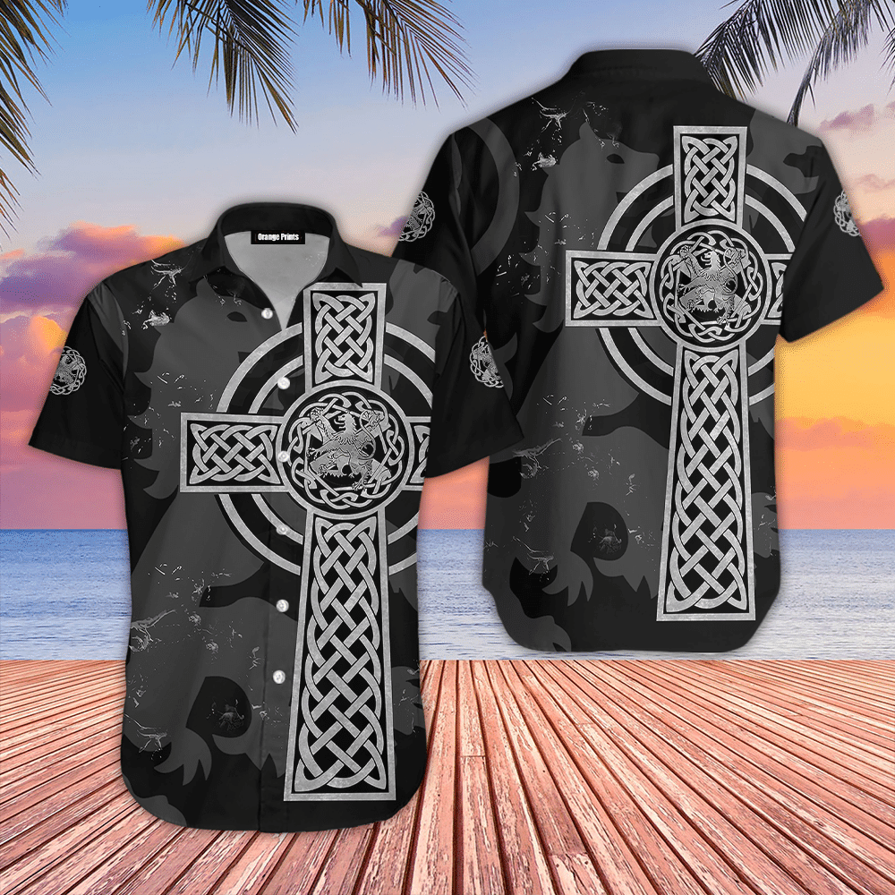 Scottish Lion Celtic Cross Gray Hawaiian Shirt