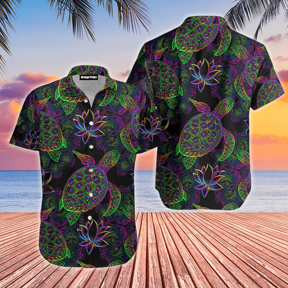 Sea Turtle In Psychedelic Multicolor Hawaiian Shirt