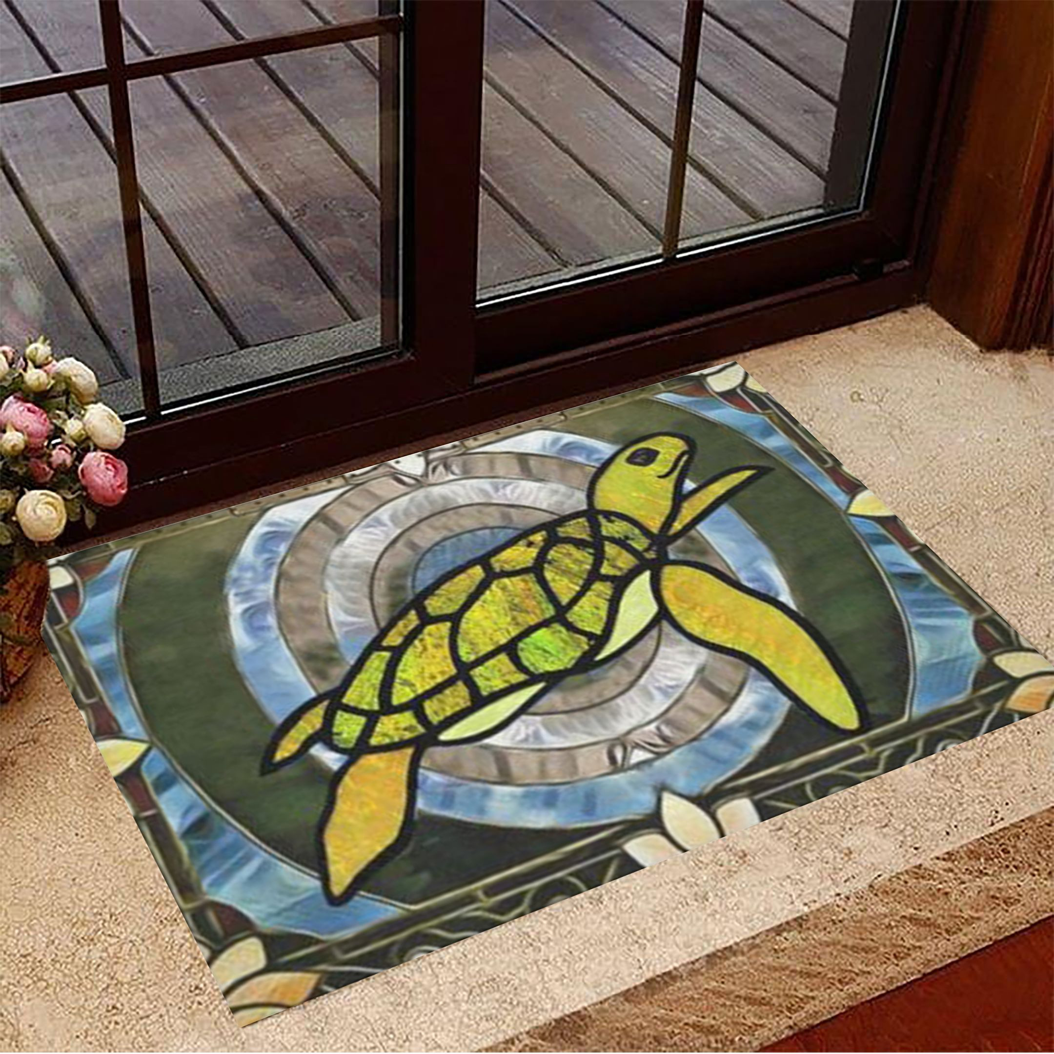 Sea Turtle Is Swimming With Many Circular Patterns Rubber Doormat Decorative Door Mats New Home Gifts