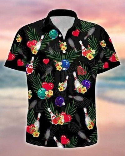 Simple Tropical Bowling Heart Black Hawaiian Shirt