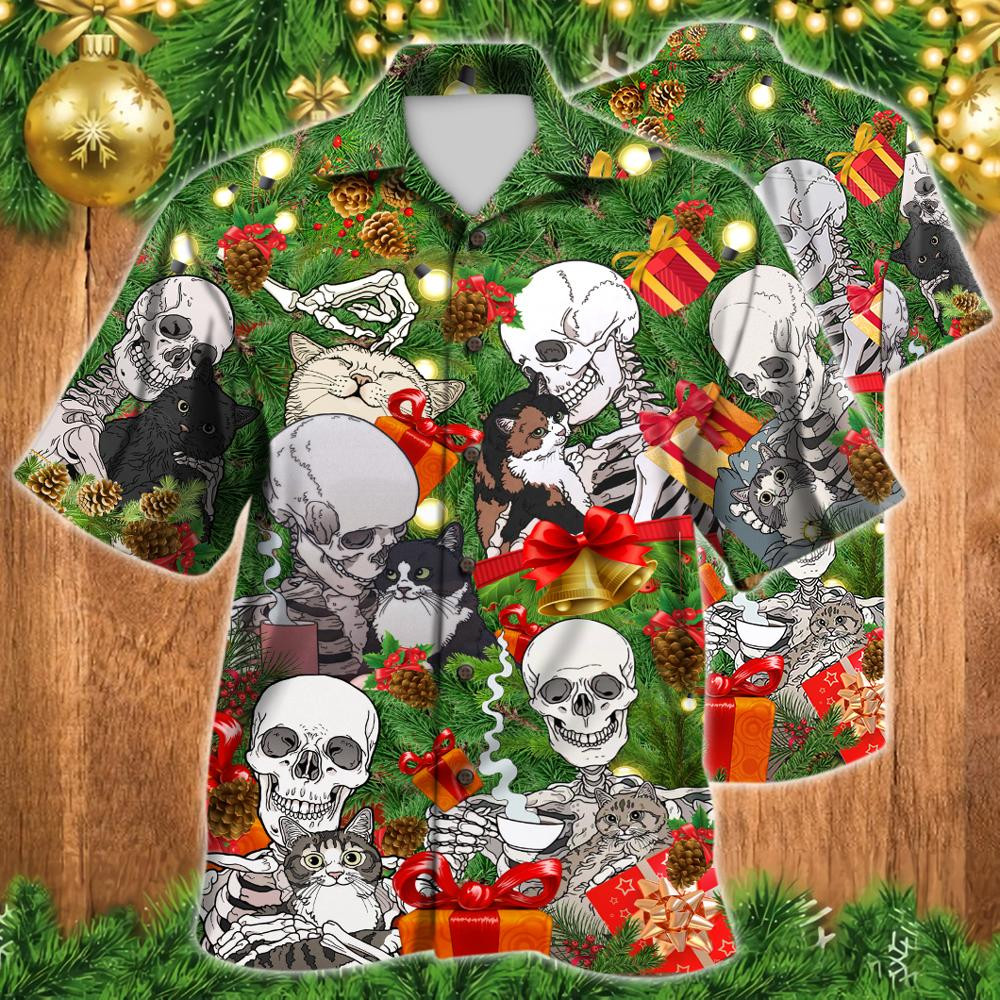 Skeleton Skull & Cat Christmas Hawaiian Shirt