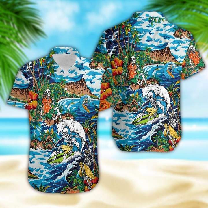 Skeleton Surfing On Tropical Island Halloween Hawaiian Shirt
