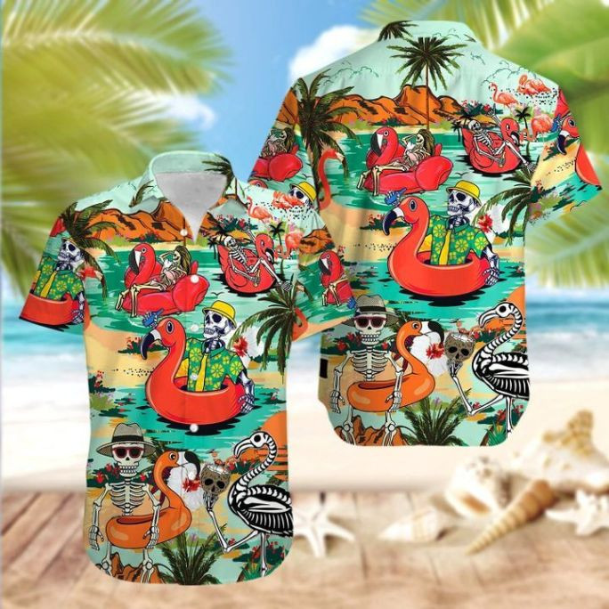 Skull And Flamingo In Hawaiian Shirt