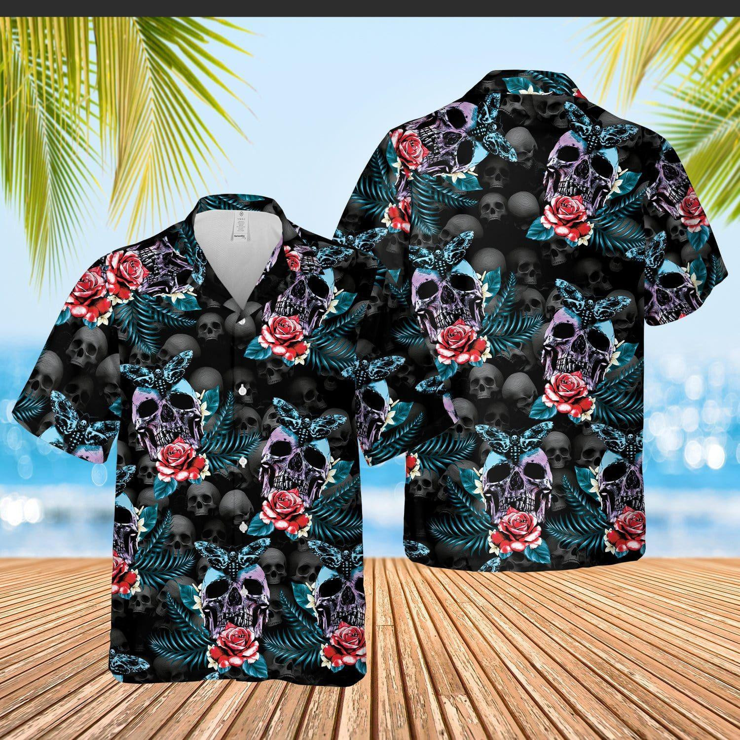 Skull Rose And Butterfly Black Aloha Hawaiian Shirt