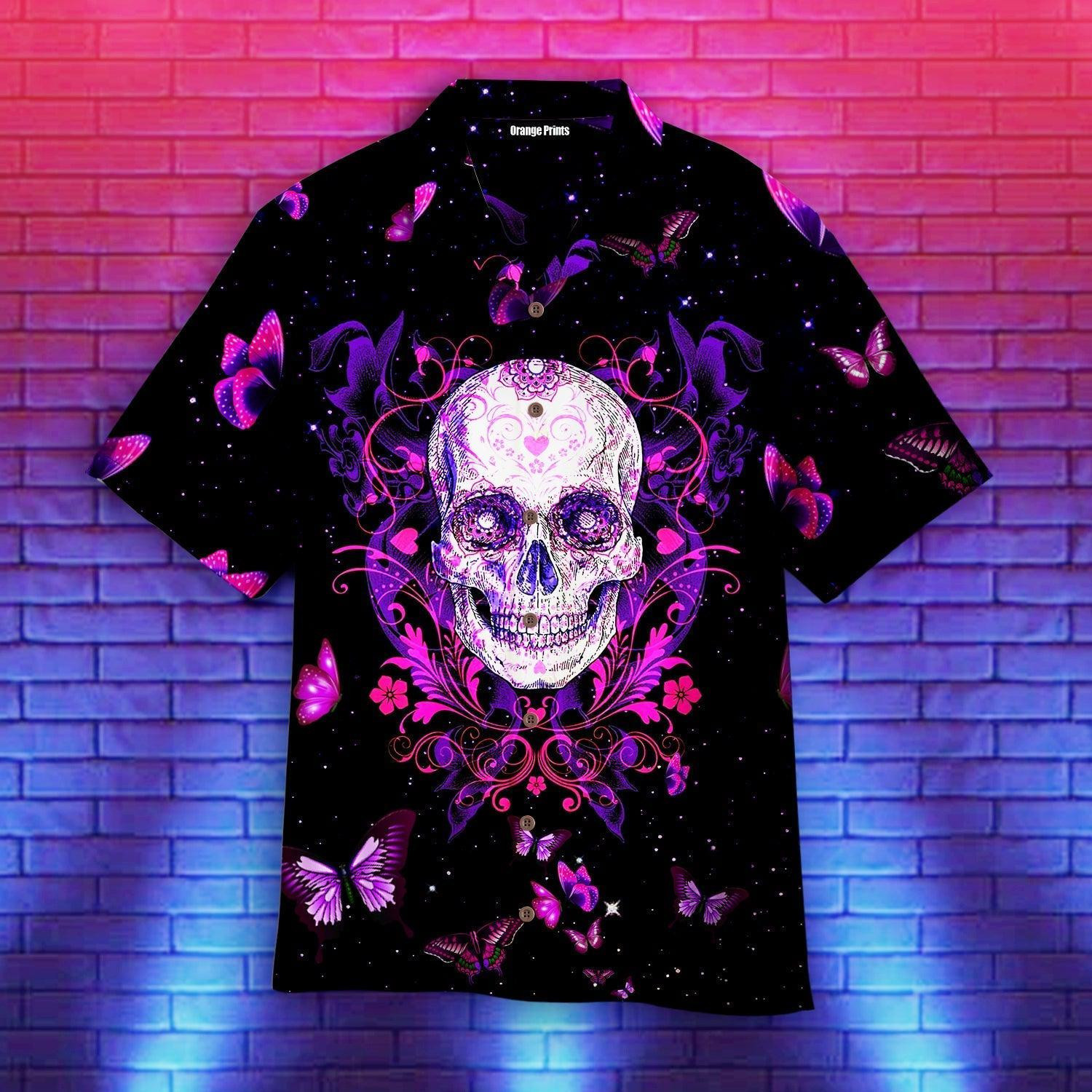 Skull With Butterfly Purple Hawaiian Shirt