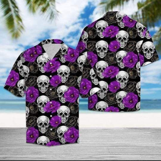 Skull With Purple Flower Hawaiian Shirt