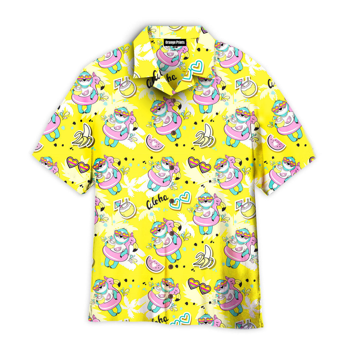 Sloth With Flamingo Circle On A Yellow Beach Hawaiian Shirt