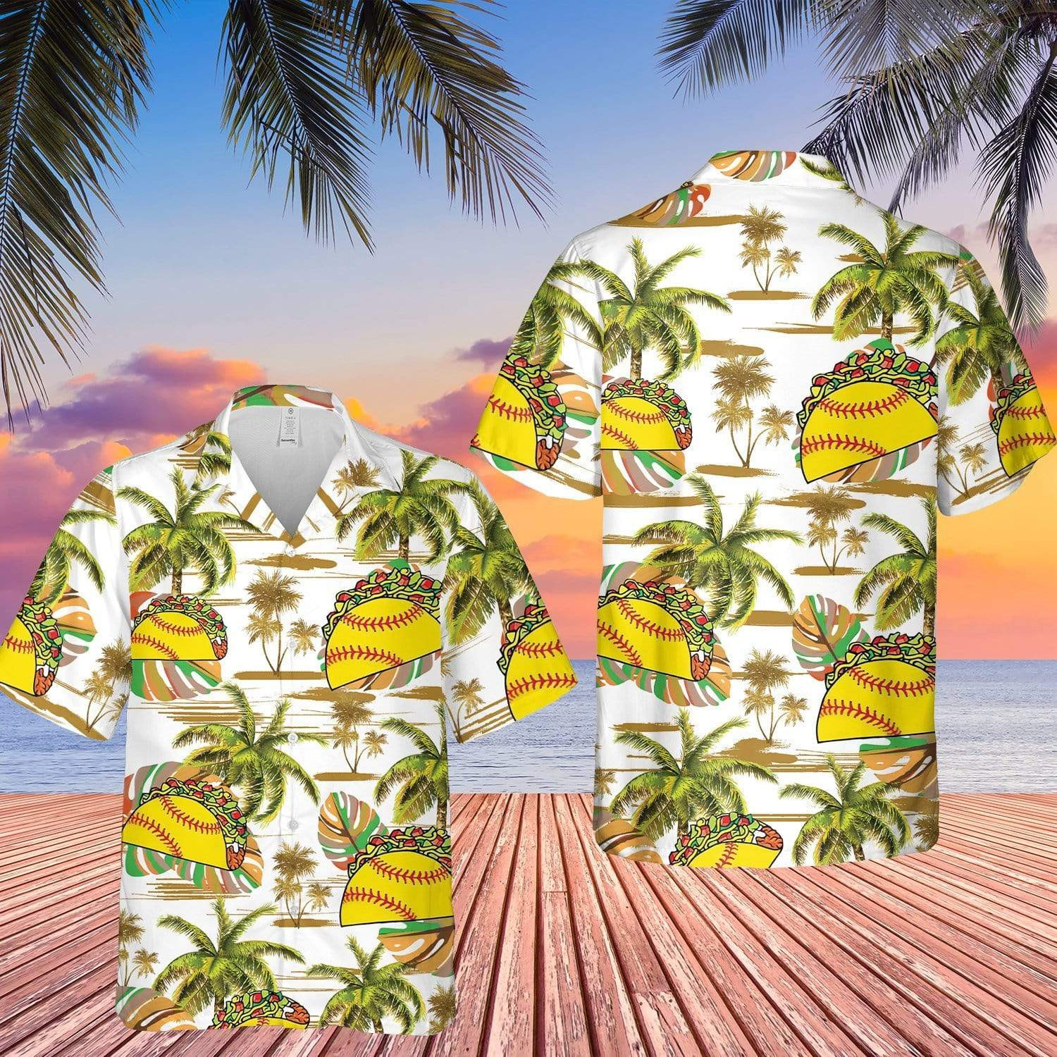 Softball Tacos Palm Tree White Pattern Hawaiian Shirt