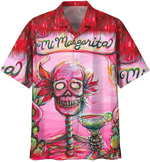 Tequila Lover Margarita Skull Art Pink And Red Color Hawaiian Shirt