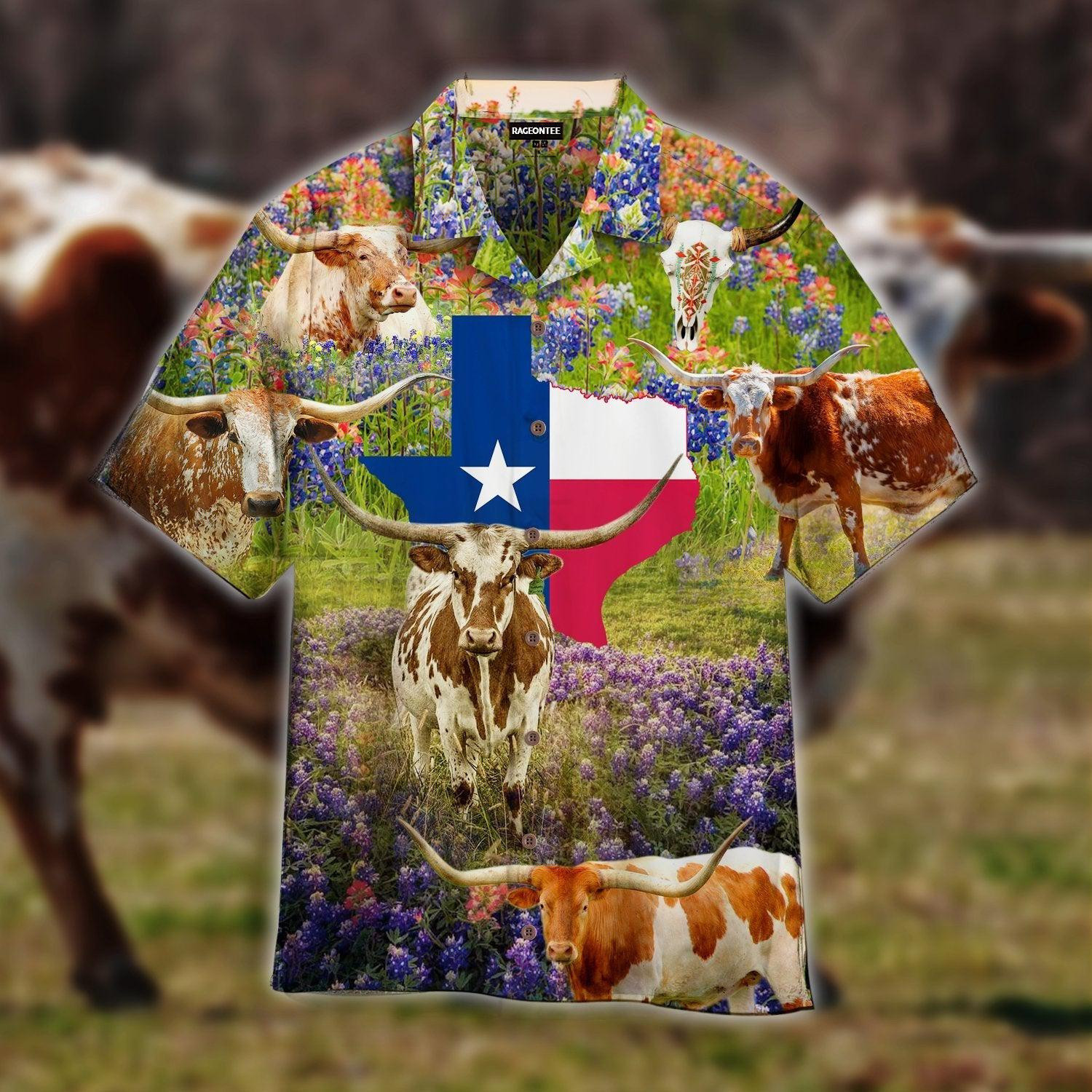 Texas Cow In Bluebonnet Field Hawaiian Shirt