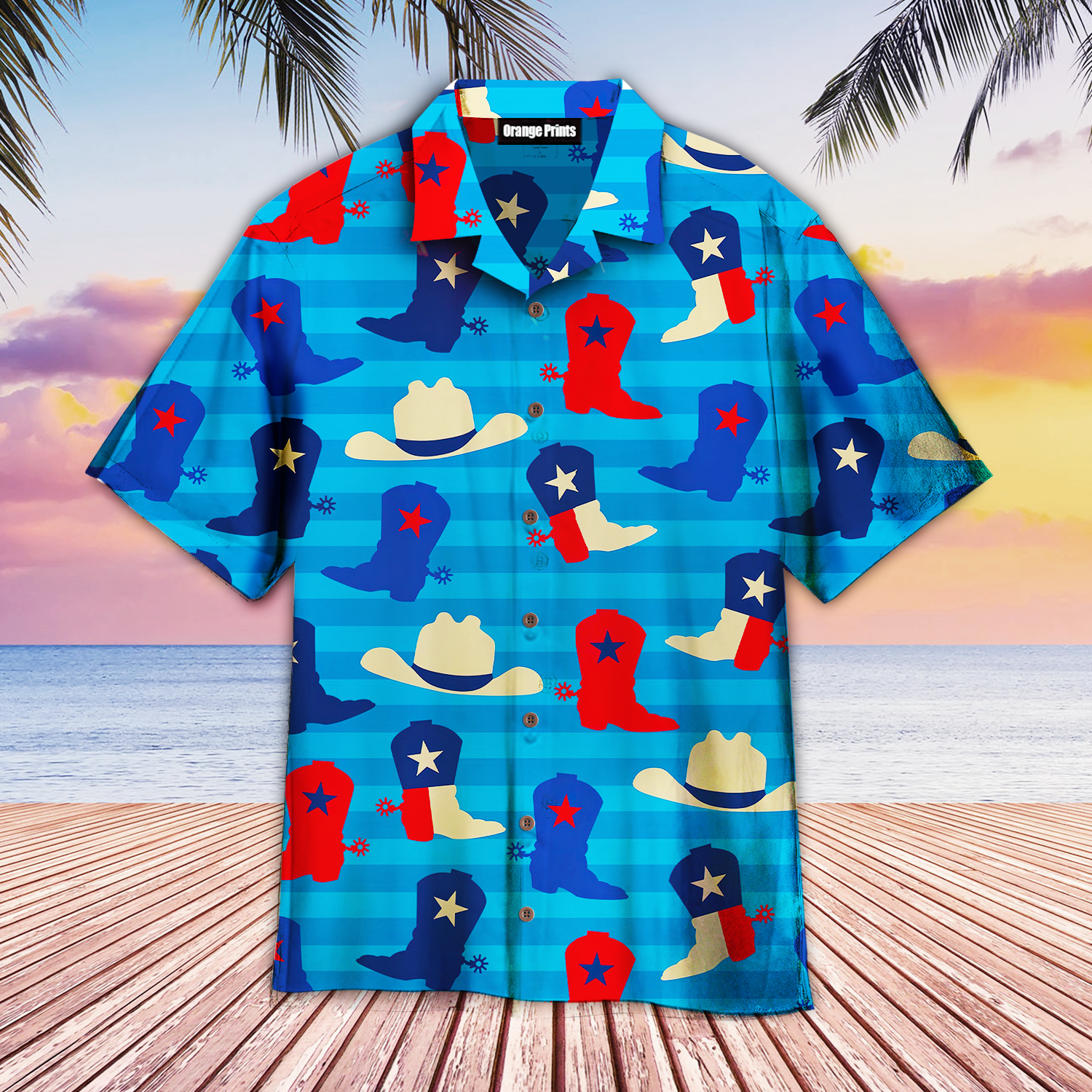 Texas Cowboy Boot And Hat American Hawaiian Shirt