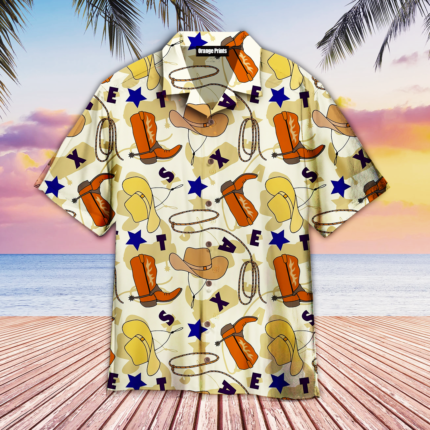 Texas Cowboy Boots Hat Rope Lasso Hawaiian Shirt