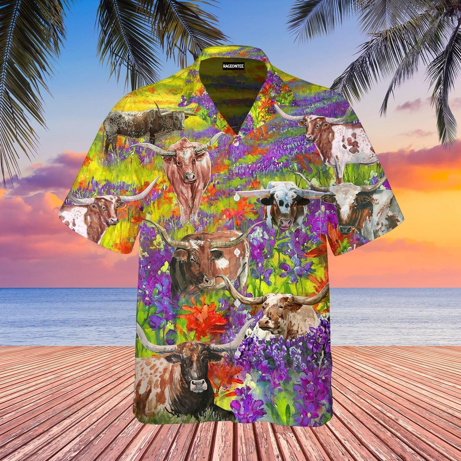 Texas Longhorn In The Bluebonnet Feild Hawaiian Shirt