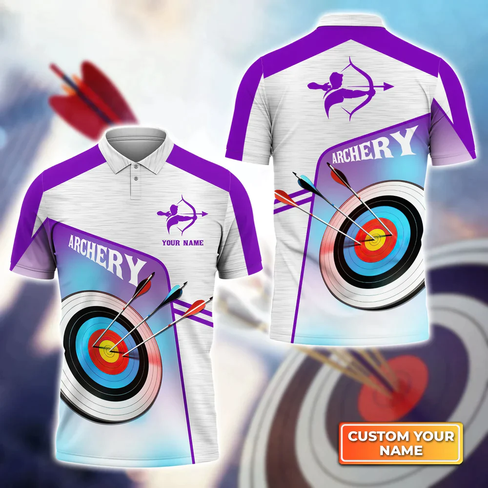 Watercolor Archery Target Board Personalized Name 3D Purple Polo Shirt, Gift For Archer