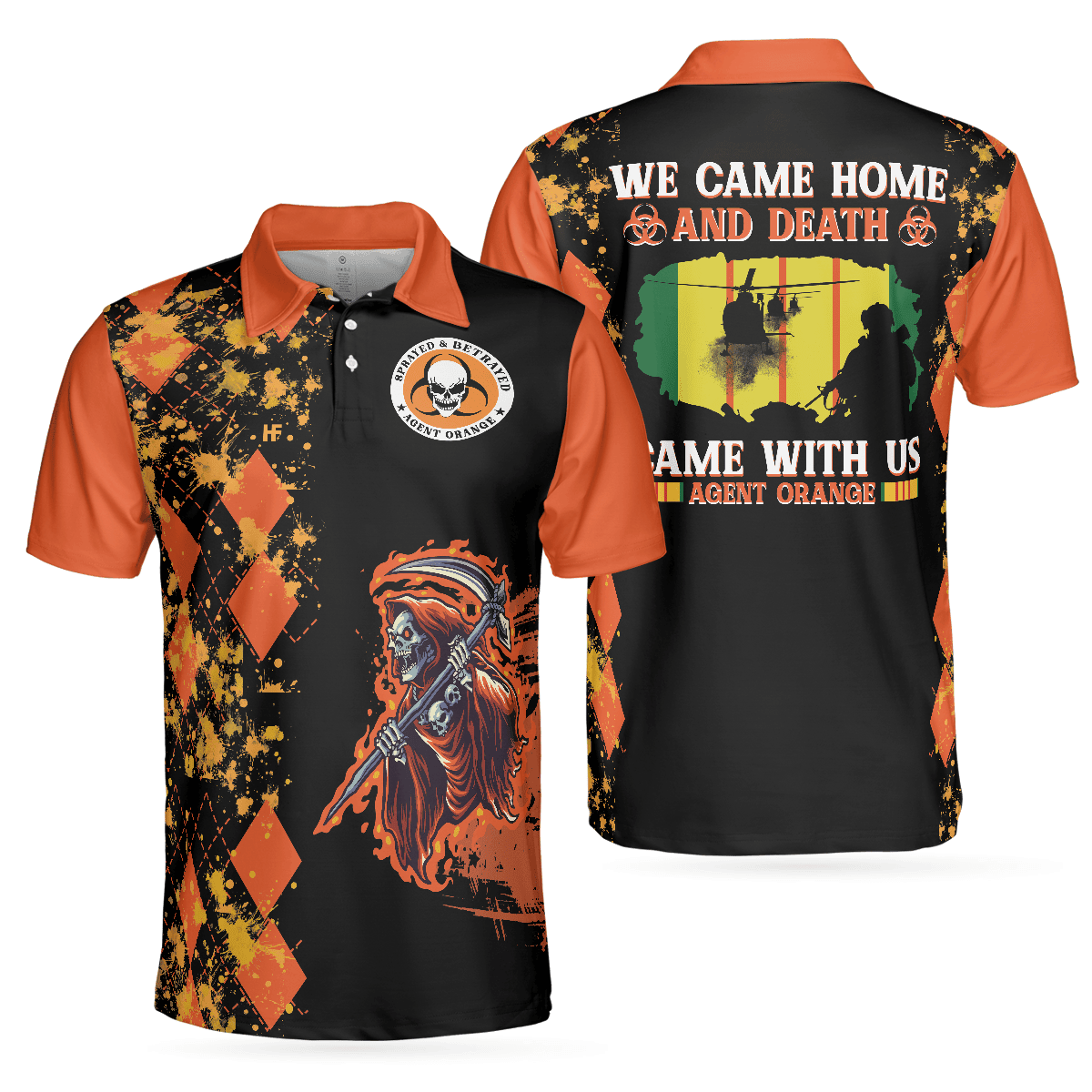 We Came Home And Death Came With Us Agent Orange Polo Shirt Orange Argyle Pattern Shirt For Veterans