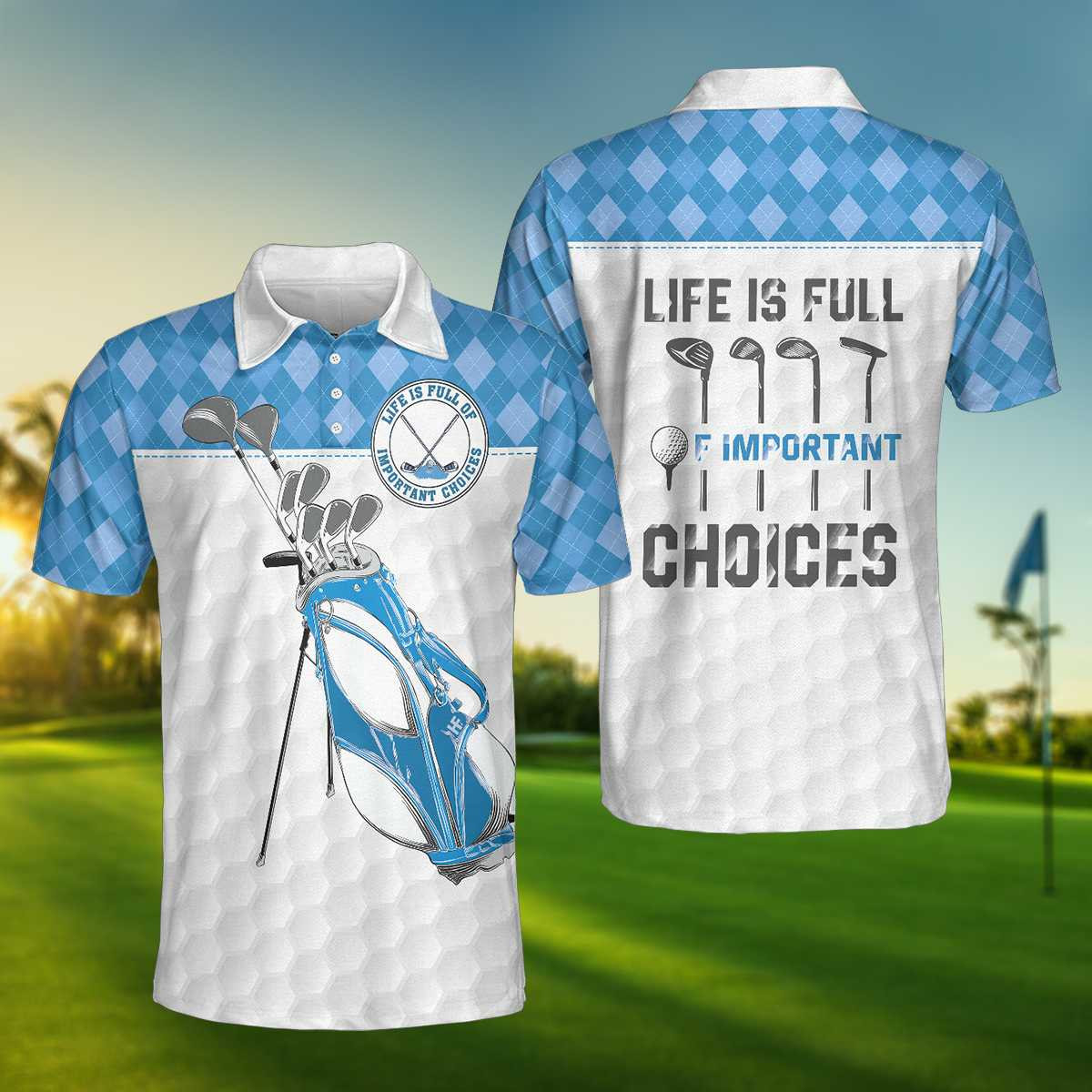 White Golf Texture Blue Argyle Pattern Men Polo Shirt, Life Is Full Of Important Choices Golf Polo Shirt