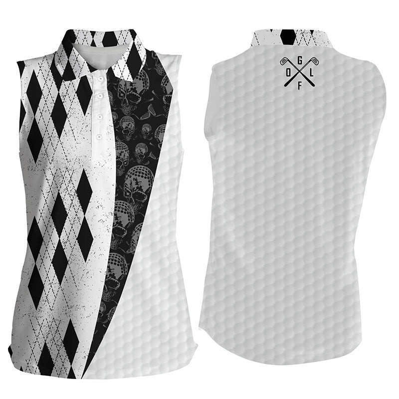 Women Sleeveless Polo Shirt Black Argyle Pattern Golf Skull White Team Golf Shirts For Ladies