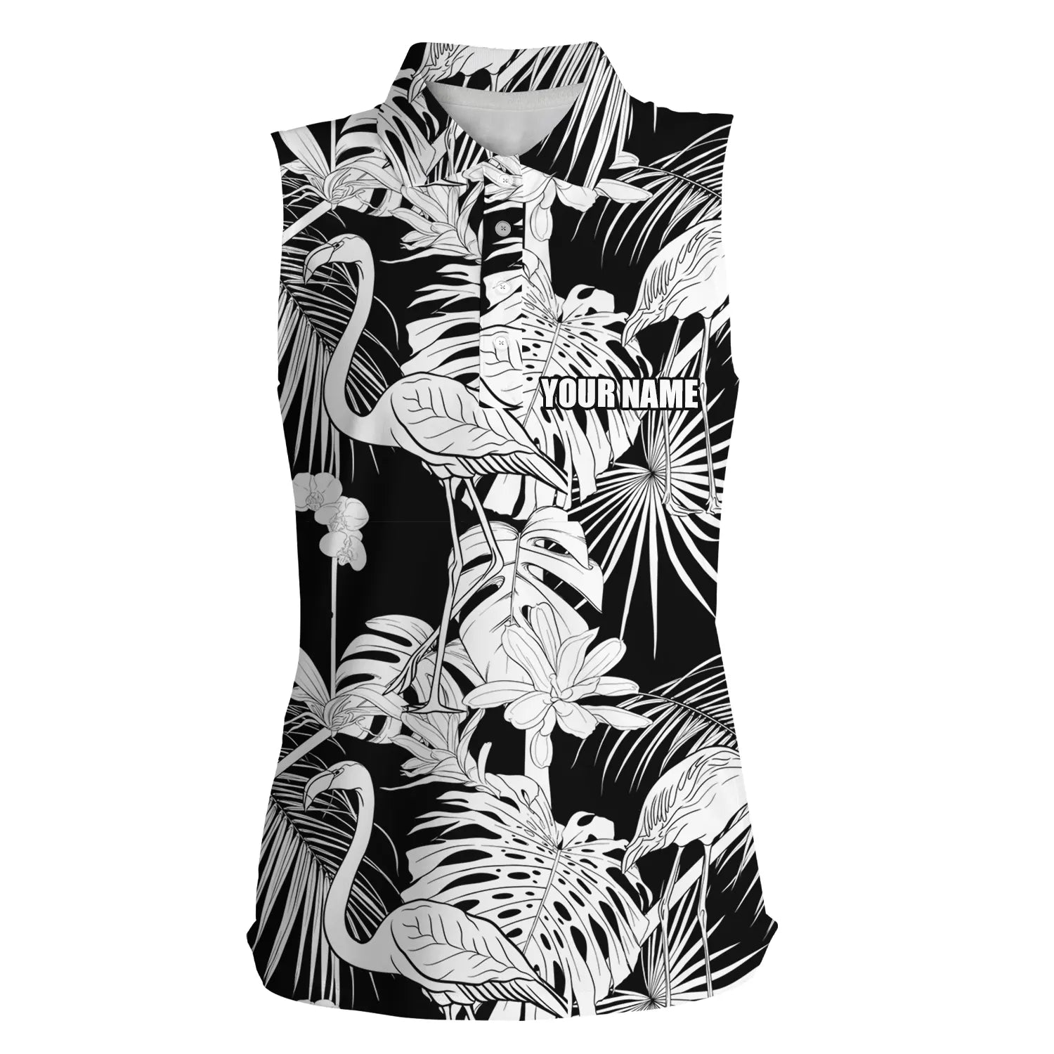 Women Sleeveless Polo Shirt Black White Tropical Plants Flamingo Golf Shirts Personalized Womens Golf Wear