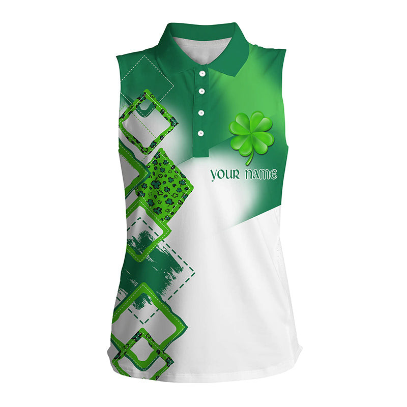 Womens Sleeveless Polo Shirt Personalized Green Clover St Patrick Day Golf Shirts, Golfing Gifts
