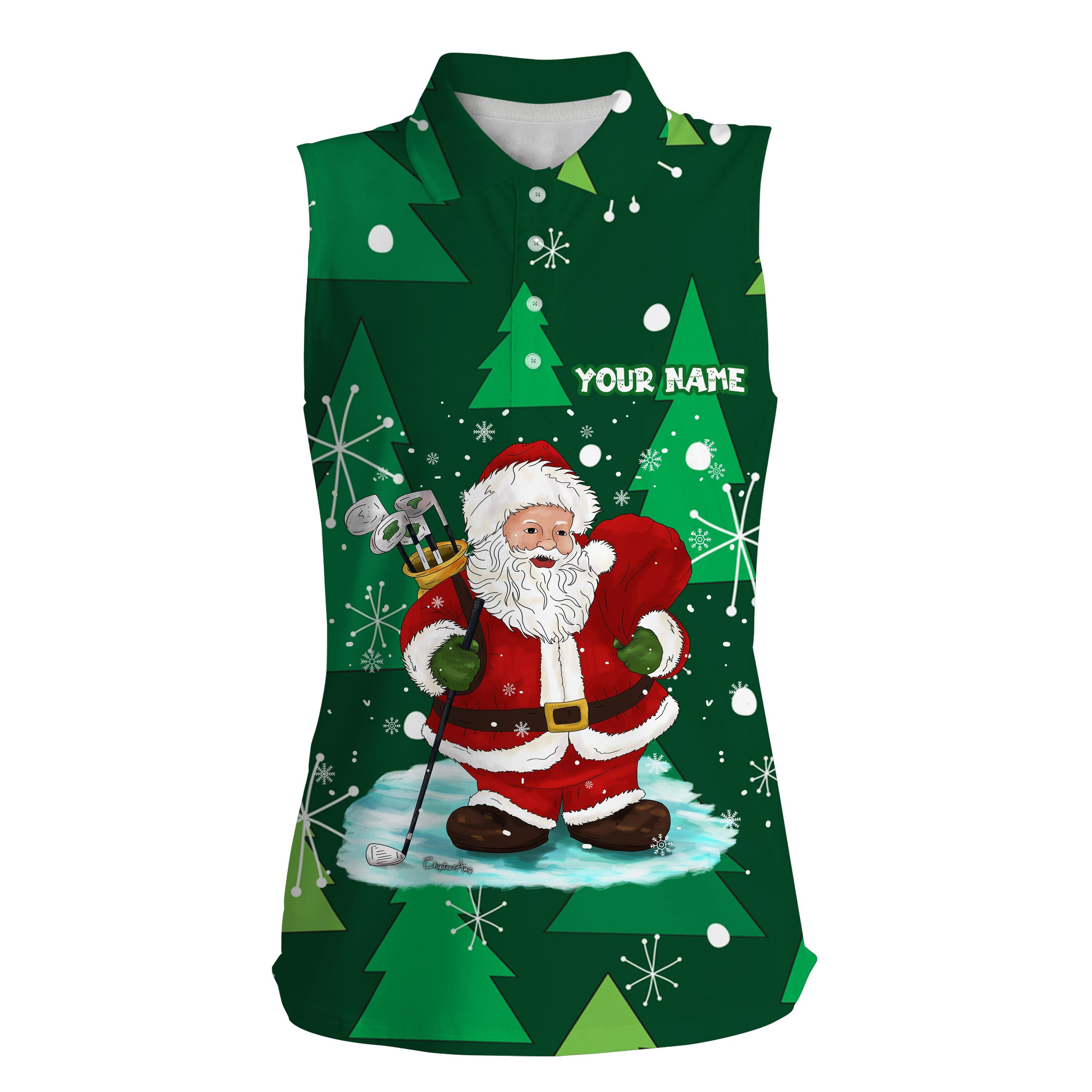 Womens Sleeveless Polo Shirt Personalized Santa Golf Christmas Tree Winter Forest Pattern, Golf Gifts