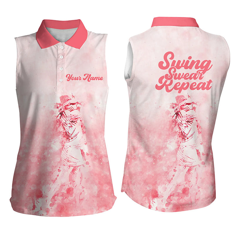 Womens Sleeveless Polo Shirt Personalized Swing Swear Repeat Golf Shirt, Ladies Golf Tops