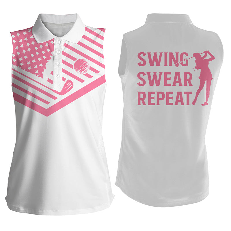 Women'S Sleeveless Polo Shirt Pink American Flag Swing Swear Repeat White Golf Shirt
