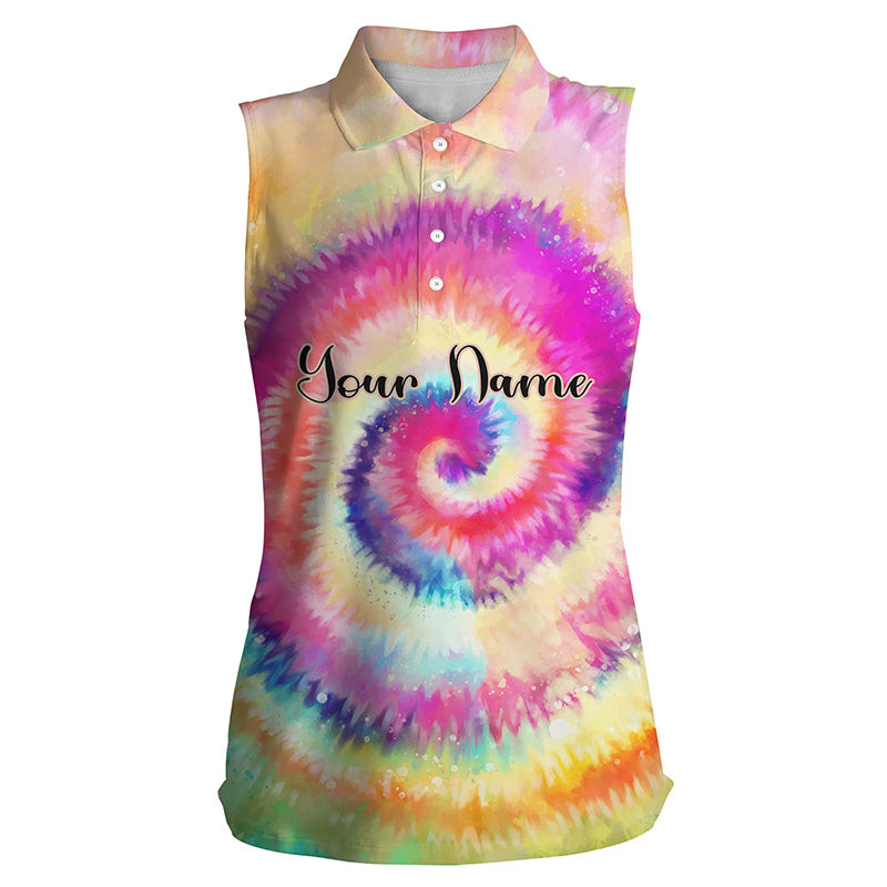 Womens Sleeveless Polo Shirt Rainbow Tie Dye Background Personalized Golf Shirt, Golfing Gift
