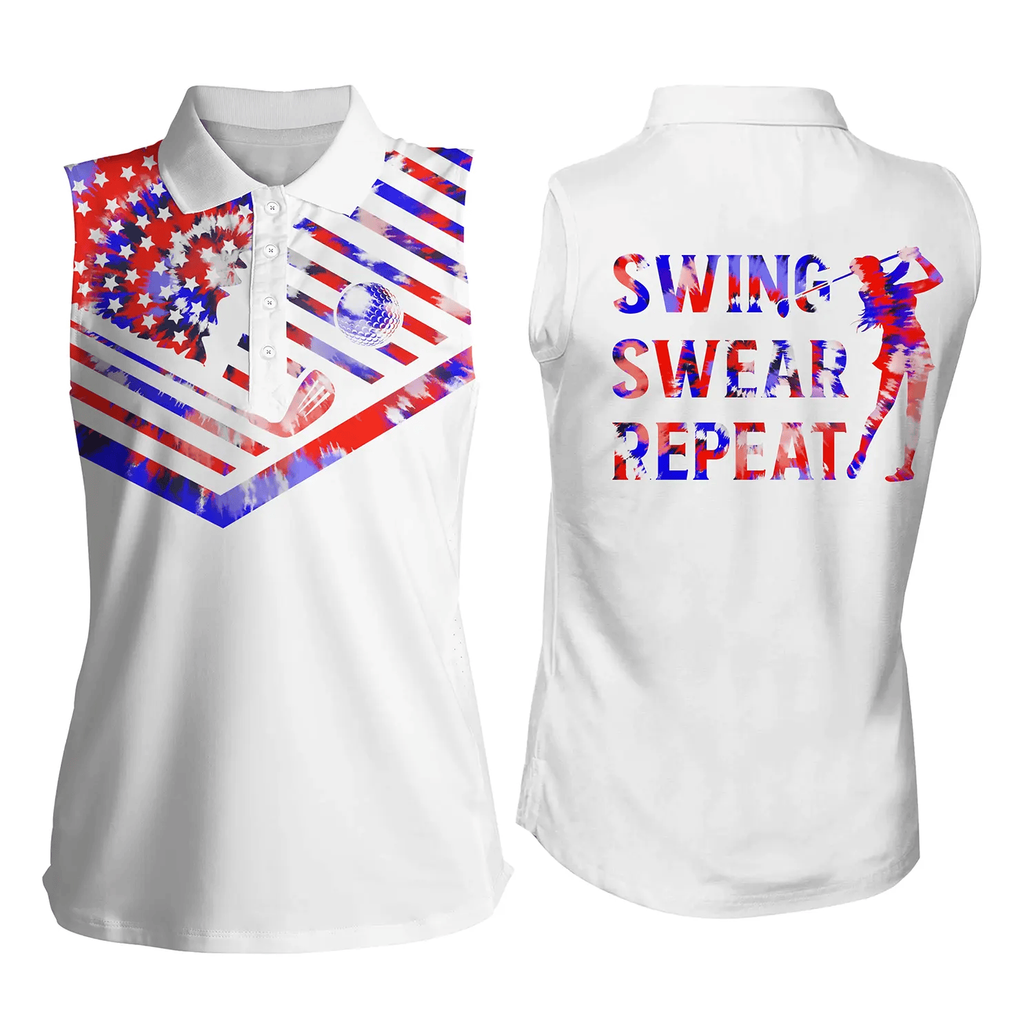 Women'S Sleeveless Polo Shirt Red Blue Tie Dye American Flag Swing Swear Repeat Patriotic Shirt