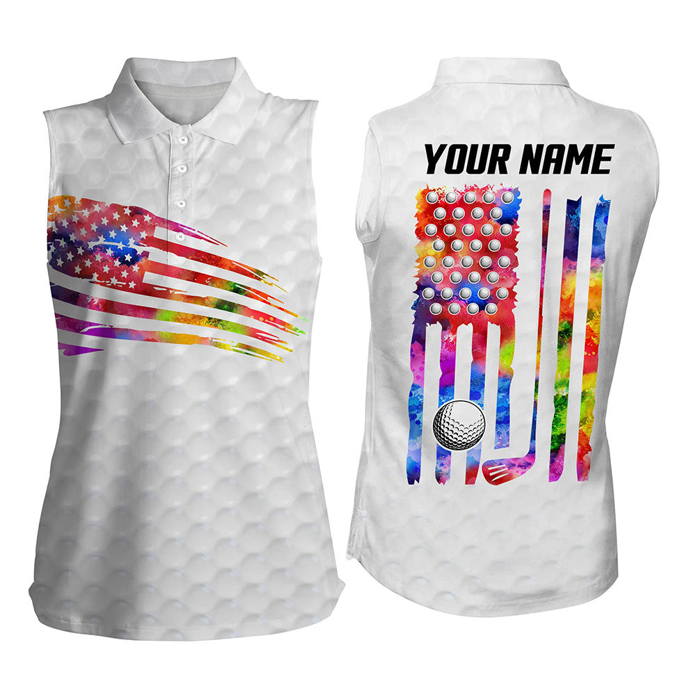 Womens Sleeveless Polo Shirt, Watercolor American Flag Patriotic Golf Shirts Personalized Golf Tops