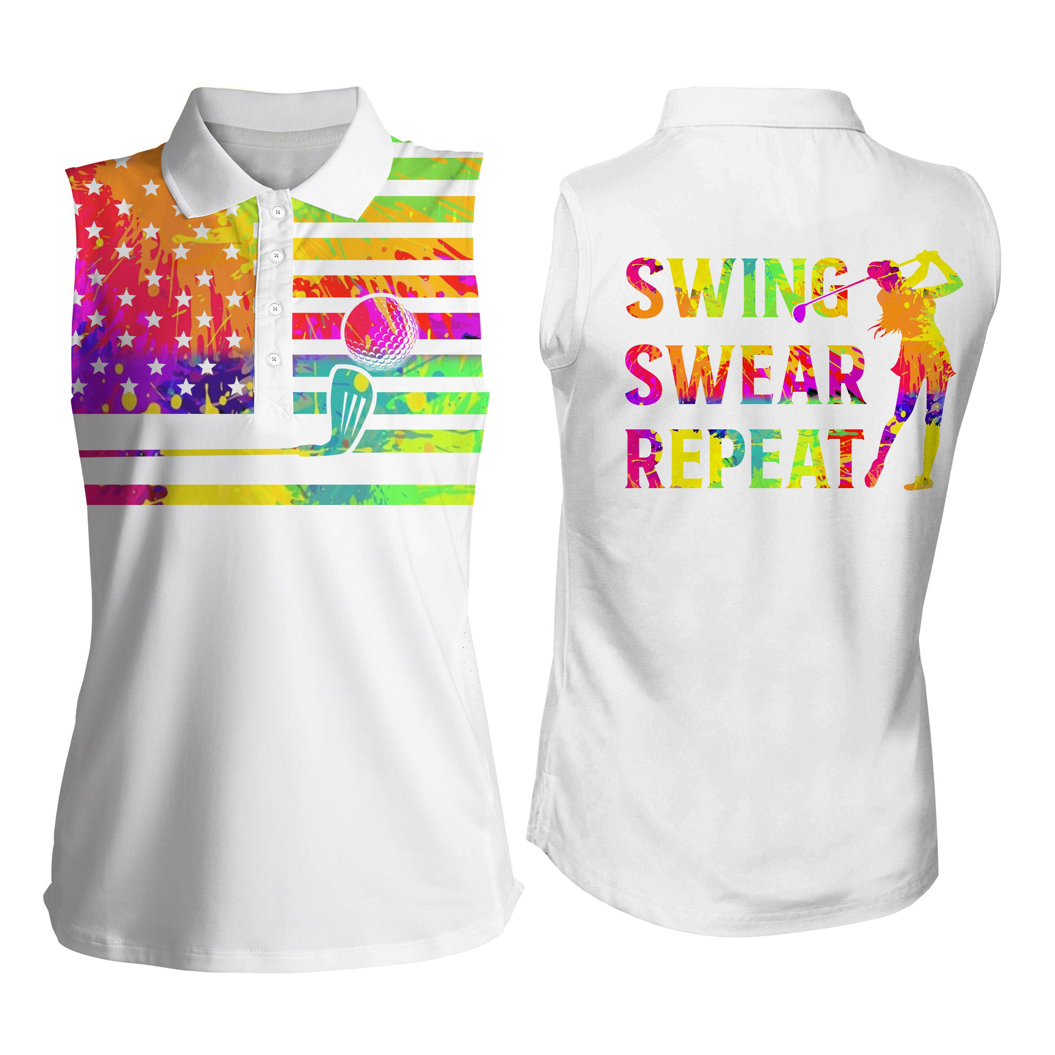 Womens Sleeveless Polo Shirt Watercolor American Flag Swing Swear Repeat White Golf Shirt