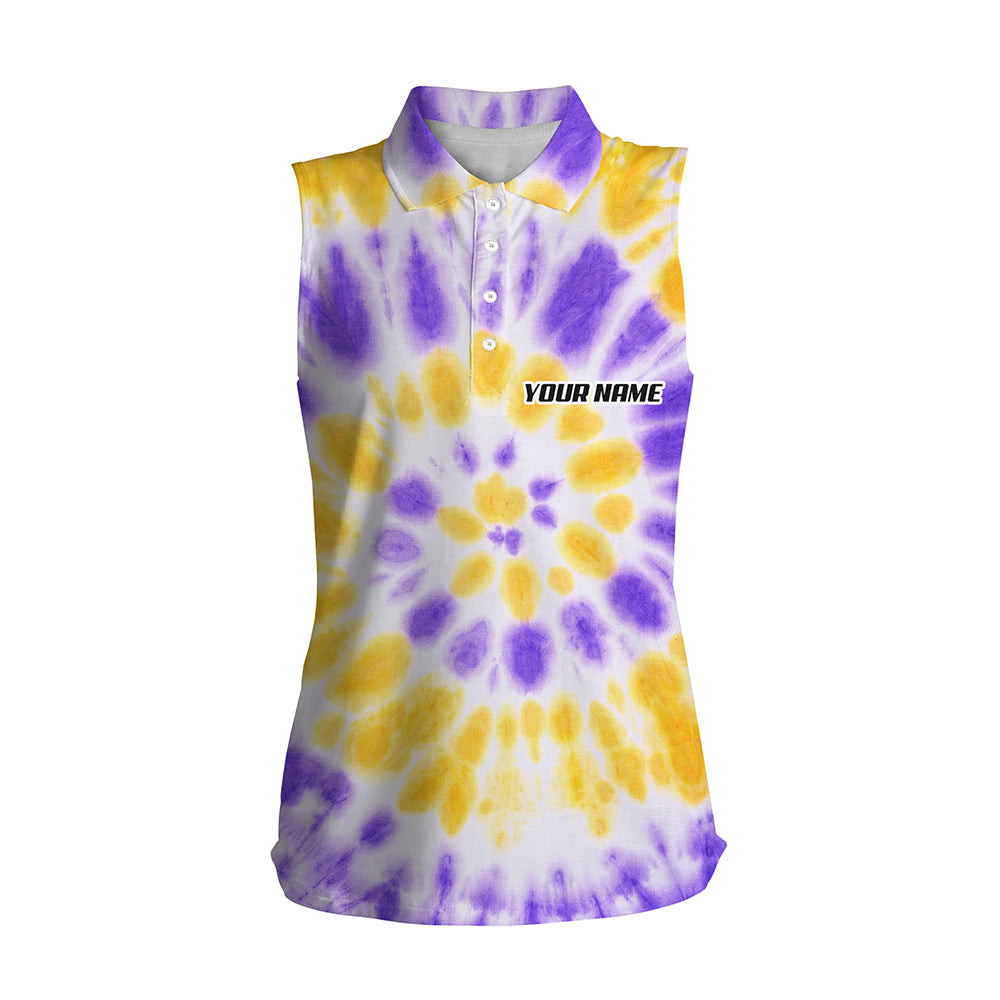 Womens Sleeveless Polo Shirt Yellow Purple Tie Dye Pattern Personalized Pattern Team Golf Shirt For Women