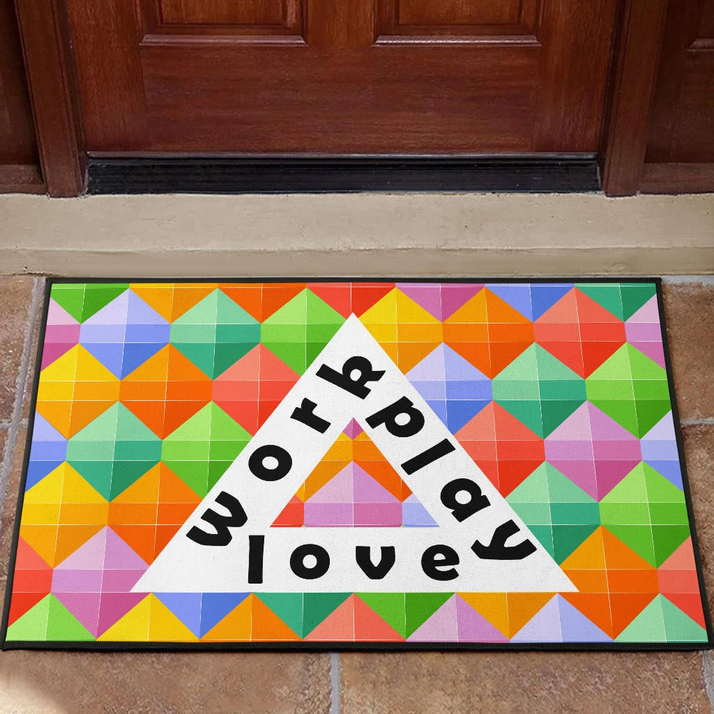 Work Play Love Triangle Colorful Background Rubber Doormat Home Decor